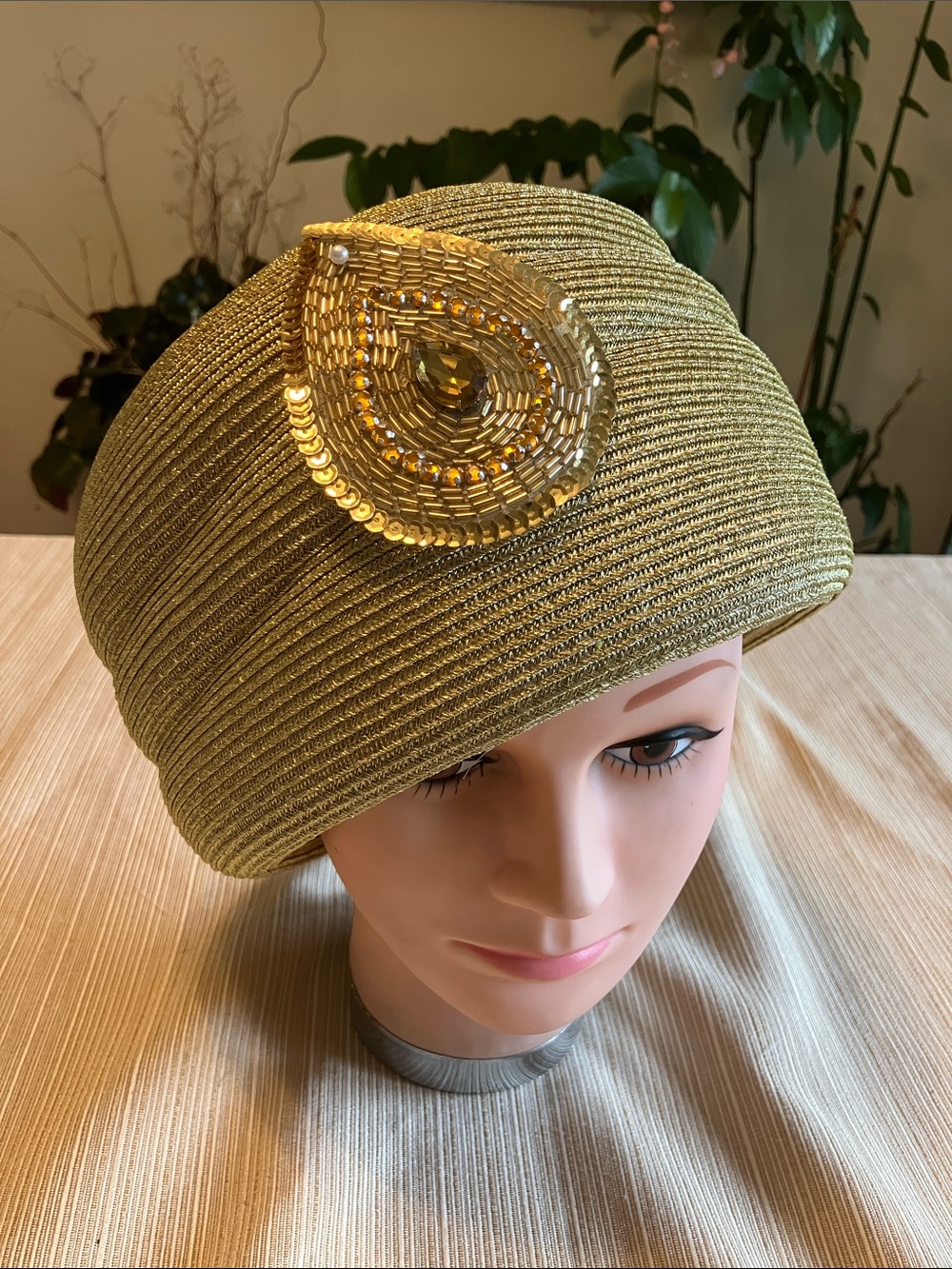 Chic Metallic Gold Women's Cloche Hat With Gold Sequined Beaded Motif